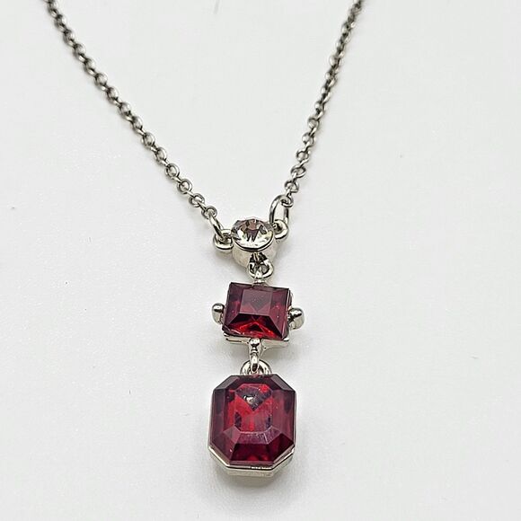 Red Y Drop Silvertone Necklace 16in - Picture 1 of 5